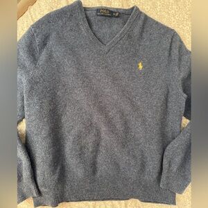 Polo by Ralph Lauren Women's V-Neck Sweater in Heathered Blue with Yellow Logo
